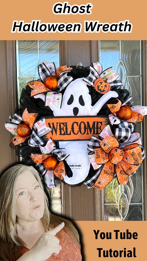 I have a Dollar Tree Halloween wreath. In today's crafting adventure I will be using one of the new Dollar Tree wreath decoration kits. You have four designs to choose from, Frankenstein, Witch,Skeleton, & Ghost. Today I will be using the Ghost attachment in the Halloween wreath. Halloween Dollar Tree Wreath, Halloween Wreath Ghost, Diy Dollar Store Halloween Wreath, Ghost Wreath Ideas, Ghost Wreaths For Front Door, How To Make Dollar Tree Wreath, Halloween Ghost Wreath Diy, Halloween Wreath Tutorial, Diy Halloween Wreaths For Front Door Dollar Tree