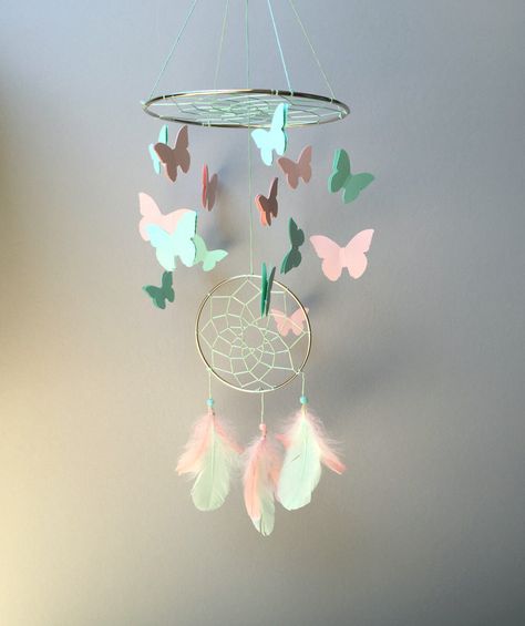 Baby Mobile, Dream Catcher Mobile, Butterfly Mobile, Mint and Pink Mobile, Boho Mobile, Boho Nursery Mobile by goshandgolly on Etsy https://www.etsy.com/listing/449688428/baby-mobile-dream-catcher-mobile Rose Mobile, Baptism Reception, Mushroom 3d, Feather Mobile, Atrapasueños Diy, Boho Mobile, Dream Catcher Mobile, Beautiful Dream Catchers, Pink Mobile