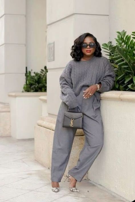 Grey And Tan Outfits Women, How To Style Two Piece Outfits, Polished Looks Women, Gray Pinstripe Pants Outfit Women, Grey Business Pants Outfit, Grey Formal Pants Outfit Woman, Corporate Winter Outfits For Women, Pants Church Outfit, Autumn Work Outfits Women