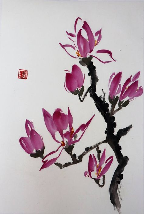 Original fine art painting by Christel Lane (United States). This one-of-a-kind watercolor on rice paper (xuan) painting measures 12.5W x 18.3 H inches, and is framed. The botanic painting ships in a tube directly from the artist's studio and is covered by the 14-day satisfaction guarantee from Saatchi Art, so you can buy with confidence. Chinese Art Style, Chinese Art Flower, Chinese Flower Painting, Chinese Peony Painting, Traditional Chinese Watercolor Painting, Chinese Ink Painting Flower, Chinese Painting Flowers, Botanic Painting, Magnolia Paint