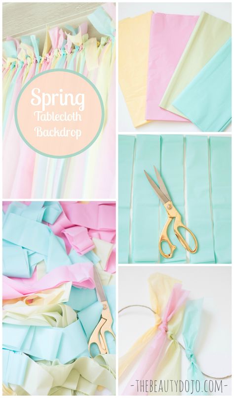 I hope you all had a wonderful Easter weekend. Today I will be sharing a fun and easy spring backdrop with tablecloths I recently made for Easter. Tablecloth Backdrop, Diy Fotokabine, Spring Backdrop, 4de Verjaardag, Easter Backdrops, Diy Photo Backdrop, Pastel Birthday, Pastel Party, Diy Photo Booth