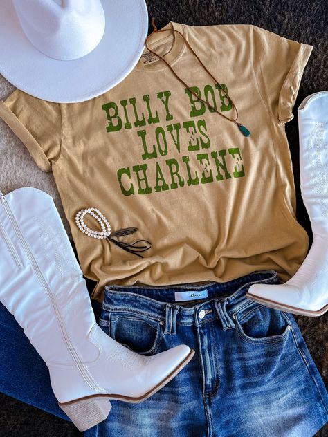 Brand: Comfort Color Fit: Unisex Material: 100% Cotton Billy Bob Loves Charlene Shirt, Western Long Sleeve Shirts, T Shirt Shop Display Ideas, 90s Country Fashion Women, Western Tee Shirts, Western Shirts For Women, Western Tees, T Shirt Ideas, Western Style Outfits