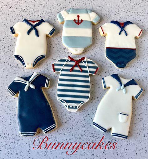 Sailor onesie sugar cookies for a nautical baby boy shower. Follow Bunnycakes on Instagram @bunnycakesandcookies and on Facebook @bunnycakes ⚓️ Nautical Theme Cookies, Nautical Baby Shower Cookies, Sailor Theme Baby Shower For Boy, Baby Shower Cookies For Boy, Nautical Baby Shower Girl, Nautical Food, Nautical Cookies, Baby Shower Cupcakes For Boy, Nautical Baby Shower Boy