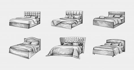 Set of hand-drawn sketches of beds. doub... | Premium Vector #Freepik #vector #vintage #hand #hand-drawn #furniture Furniture Perspective Drawing, Bed Design Drawing, Bed Perspective Drawing, How To Draw A Bedroom, How To Draw A Pillow, Pillow Drawing Sketch, How To Draw A Bed, Bed Drawing Sketches, Bedroom Drawing Sketches