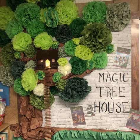 Magic Tree House bulletin board made with paper pom poms, butcher paper, Hobby Lobby wood crafts, and battery powered fairy lights. Paper Wall Tree, Tree Bulletin Board Ideas, Tree Bulletin Board, Bulletin Board Tree, Battery Powered Fairy Lights, Magic Tree House, Magic Treehouse, Paper Pom Poms, Pretty Birthday Cakes