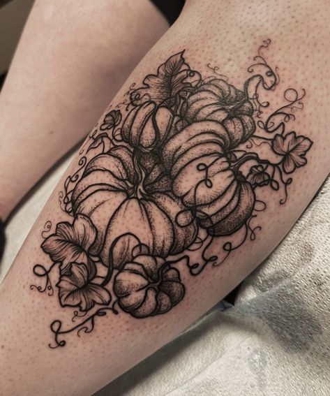 Autumn Tattoo Black And White, Fall Leg Tattoo, Delicate Pumpkin Tattoo, Pumpkin Patch Tattoo Ideas, Fall Tattoo Black And White, Black Pumpkin Tattoo, Fall Season Tattoo, Black And White Pumpkin Tattoo, Pumpkin Tattoos For Women