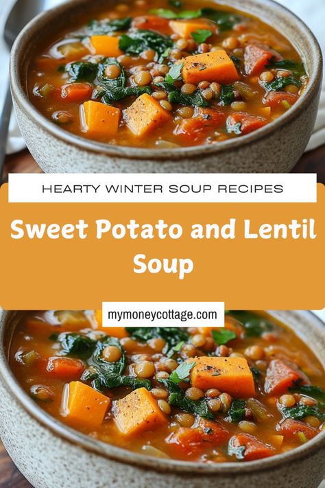 🍠🥣 Warm up with our nourishing Sweet Potato and Lentil Soup! This hearty winter soup recipe blends the natural sweetness of sweet potatoes with protein-packed lentils and aromatic spices for a deliciously comforting meal. Perfect for chilly days, this soup is both wholesome and satisfying. Click to get the recipe and enjoy a bowl of cozy goodness! #SweetPotatoLentilSoup #WinterWarmers #HeartySoups #ComfortFood #CozyEats #WinterSoupRecipes #LentilSoupRecipes #SweetPotatoSoupRecipes #HomemadeSoup #SoupRecipes Lentil Soup With Sweet Potatoes, Red Lentil Sweet Potato Soup, Sweet Potato And Lentil Recipes, Sweet Potato And Lentil Soup, Soup With Sweet Potatoes In It, Sweet Potato Soup Recipes Easy, Lentil Sweet Potato Soup, Potato And Lentil Soup, Creamy Tomato Bisque