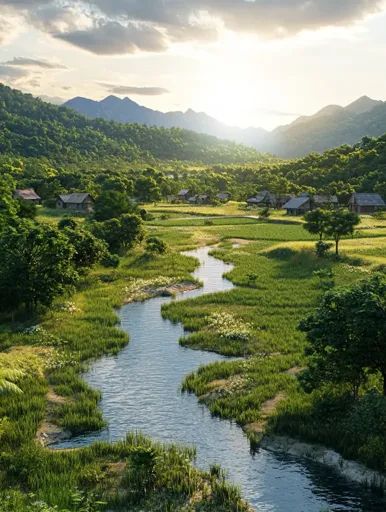 ↑↑↑ Larger size on website 🔸 A winding river snakes through a lush green valley nestled between rolling hills. The sun casts a wa Riverside Village, River Village, Winter Semester, Winding River, Quaint Village, Wooden Houses, Green Valley, Small Village, River Valley