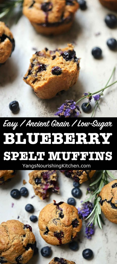 Spelt Blueberry Muffins Blueberries Sauce, Spelt Muffins, Spelt Flour Recipes, Ancient Grains Recipes, White Grape Juice, Spelt Recipes, Healthy Blueberry Muffins, Banana Pancakes Recipe, Lemon Blueberry Bread