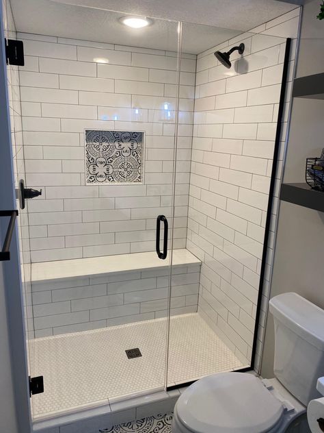 Walk In Shower With White Subway Tile, Small Guest Bathroom Shower Ideas, Shower Stall With Curtain Instead Of Door, Standing Tile Shower Ideas, Tub To Stand Up Shower Remodel, Small Restroom Ideas Showers, 5ft Walk In Shower Ideas, 3x4 Shower Master Bath, Bathroom Walk In Shower Tile Ideas