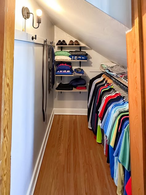 Angled Closet Ideas Sloped Ceiling, Slanted Closet Ideas, Attic Closet Ideas Angled Ceilings, Closet With Slanted Ceiling, Sloped Ceiling Closet, Attic Closet Ideas, Slanted Ceiling Closet, Slanted Ceiling Bedroom, Loft Closet