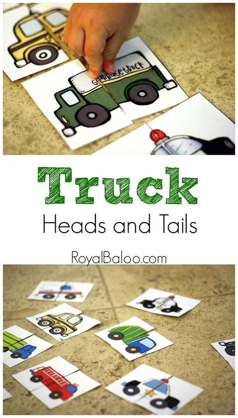 Trucks and transportation themed Heads and Tails cards free printable Transportation Preschool Activities, Transportation Theme Preschool, Transportation Unit, Transportation Activities, Transportation Crafts, Transportation Preschool, Transportation Theme, Blue Truck, Construction Theme