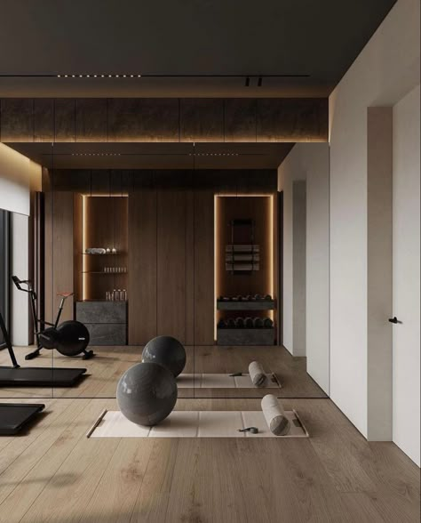 Modern Home Gym Design Fitness Rooms, Organic Modern Home Gym, Luxury Fitness Room, At Home Wellness Room, Gym Room Aesthetic, Wellness Room Design, Dream Home Minimalist, House Gym Room, Pilates Room Design