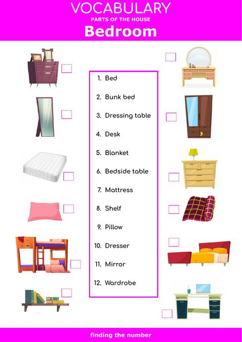 Parts of the house - bedroom - finding the number worksheet Home Parts Worksheet, Things In The House Worksheet, Bedroom Worksheet, Speaking Activities English, Number Worksheet, 4 Grade, Matter Science, Bedroom Tips, Language Worksheets