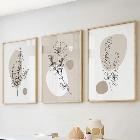 "Introducing our Minimalist Flowers Set of 3 Prints. These captivating prints feature delicate line art, perfect for creating a serene and aesthetic gallery wall. With their neutral tones and minimalist design, they add a touch of elegance to your room decor. Elevate your space with this stunning wall art set, bringing a sense of simplicity and beauty to your home. Original art size is 24x36 inches. Each part of the set has a max size 24\"x36\" This is an INSTANT DIGITAL DOWNLOAD file. No physic Many Paintings On Wall, Wall Prints Simple, Minimalist Pictures For Wall, Modern Art Minimalist, Neutral Wall Art Bedroom, Plant Gallery Wall, Aesthetic Art Paintings, Line Flower Art, Minimalist Art Aesthetic