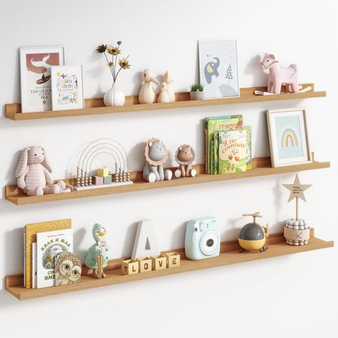 PRICES MAY VARY. Picture Ledge Shelf-Do you have many memorable pictures but don't have enough wall space to display them? The Axeman picture shelf is the perfect solution! Our floating shelves provide a centralized display of many photos without taking up a lot of wall space Multifunctional Floating Shelves-Our floating shelves for wall with special baffle design allow you to safely exhibit your collectibles and photos but no worries about slipping off! Wall shelves with 3 different depths stor Wood Shelves With Plants, Picture Shelf Nursery, Pictures Shelves Wall, Floating Shelf Over Desk, Narrow Shelves Decor, Baby Room Shelf Decor, Floating Shelves Playroom, Kids Room Floating Shelves, Boy Room Shelves