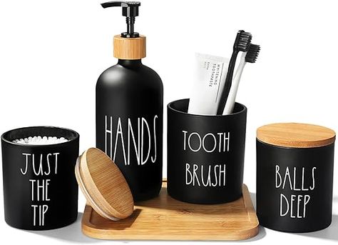 Amazon.com: ALPIRIRAL Black Bathroom Accessories, 5 Pcs Glass Bathroom Accessory Set with Bamboo Tray, Soap Dispenser and Toothbrush Holder Set, Qtip and Cotton Ball Holder, Farmhouse Boho Bathroom Set Complete : Health & Household Farmhouse Boho Bathroom, Bamboo Bathroom Accessories, Black Bathroom Accessories Set, Matte Black Bathroom Accessories, Farmhouse Bathroom Accessories, Cotton Ball Holder, Amazon Bathroom, Glass Bathroom Accessories, Bathroom Containers