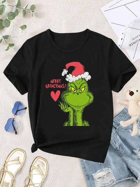 Grinchmas Women's T-Shirts Festive Holiday Tees Cute Christmas Tops Grinchmas Apparel Black Casual  Short Sleeve Knitted Fabric Animal,Cartoon,Christmas,Geometric,Letter,Slogan  Medium Stretch Spring/Summer Women Clothing, size features are:Bust: ,Length: ,Sleeve Length: Christmas Graphic Tees, Holiday Tees, Merry Grinchmas, Graphic Tees For Women, Christmas Tops, Christmas Graphic, Cartoon Christmas, Tees For Women, Animal Cartoon