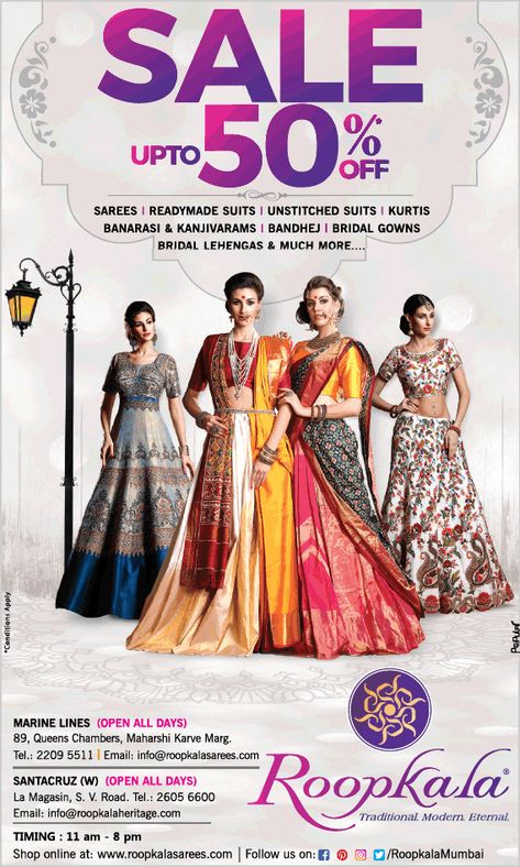 roopkala-sarees-sale-upto-50%-off-ad-bombay-times. Check out more Apparel & Accessories Advertisement Advertisement Collection at https://www.advertgallery.com/product-category/advertisements-by-category/Apparel & Accesories Saree Sale Poster, Saree Banner Design, Saree Advertisement, Exhibition Poster Design, Dress Advertisement, Clothes Advertising, Jewellery Ads, Campaign Ads, Hindi Font