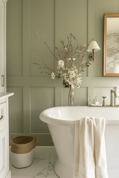 16 Awesome Budget Bathroom Remodeling Ideas Sage Green In Bathroom, Light Sage Bathroom Walls, Green Accent Wall Bathroom, Sage Green Bathroom Ideas Decor, Green And Tan Bathroom, Sage Bathroom Ideas, Light Green Bathroom, Sage Green Bathroom Ideas, Green Powder Room