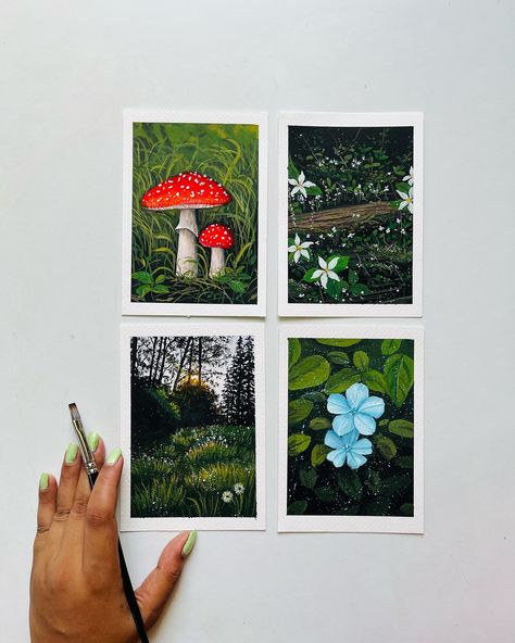 I want to go back to painting greens!!!🍃🍄🌼 Mini A6 sized gouache paintings from long back. [cottage core, countryside, nature paintings, landscape, forest, artwork, artist] #gouache #gouachepaintings #forest #naturelovers #painting #artist #artworks #ａｅｓｔｈｅｔｉｃ Aesthetic Nature Painting, Aesthetic Mini Painting, Canvas Painting Nature, Acrylic Nature Painting, Cottage Core Drawings, Green Aesthetic Painting, Mini Gouache Painting, Cottage Core Painting, Nature Canvas Painting