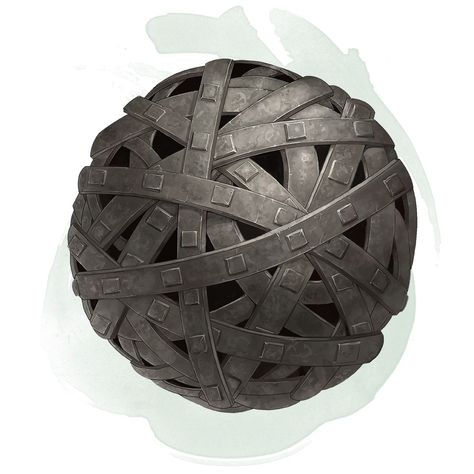 The Iron Bands of Bilarro, or "Manners", is an item carried by Percival. It is a restraining device that, when invoked, wraps its target in iron bands until dismissed. The item is described as "a rusty iron sphere that is about three inches in diameter and weighs about a pound. It has a bunch of really strange shapes and designs, almost like it was made from condensed chains that were then melted down into a single sphere. It has a really rough texture on the outside." Vox Machina looted this Gold Bullion Coins, D D Items, Dnd Dragons, Magic Items, Pathfinder Rpg, Vox Machina, Dragon Wings, Home Brewing, Roleplaying Game