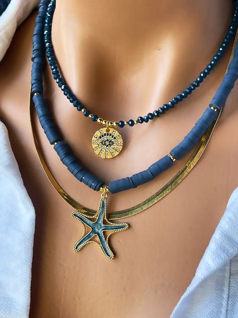 Bohemian Blue Layered Gold Plated Chain Charm Necklace Set, Fashion Layered Jewelry Set, Pendant Set, Blue Stone Evil Eye Bohemian Necklace - Etsy Türkiye Handmade Necklace Tutorial, Diy Necklaces, Bohemian Jewellery, Layered Necklace Set, Multi Layer Necklace, Layered Fashion, Summer Bracelets, Bohemian Necklace, Trendy Necklaces