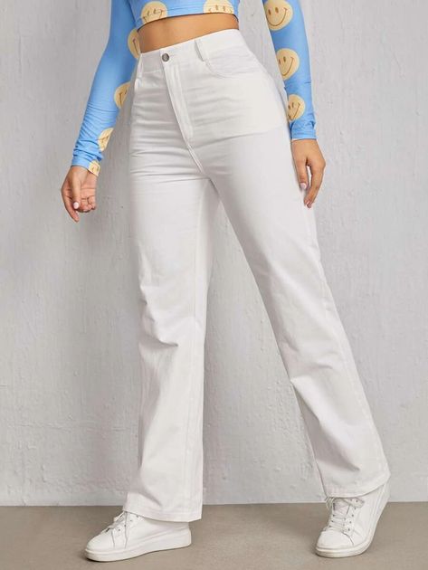 Korean Pants, White Pants Outfit, Off White Pants, Trouser Outfit, Women Bottoms, Beachwear Fashion, Women Pants, Comfy Fashion, Straight Leg Trousers