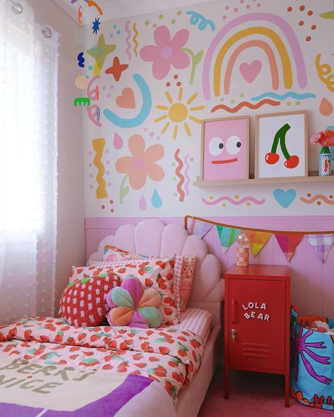 Imagine this is your bedroom though?! 🥵 I’ve just added the poppy shorty from @mustardmade to break up all the pink and add a bang of red… | Instagram Cute Room Ideas Big Rooms, Bedroom Decor Paint Ideas, Interior Home Inspiration, Toddler Bedroom Girl Colourful, Toddler Girl Bedroom Colorful, Kids Girl Bedroom Ideas, Toddler Girl Room Colorful, Girls Colorful Bedroom Ideas, Girls Bedroom Theme Ideas