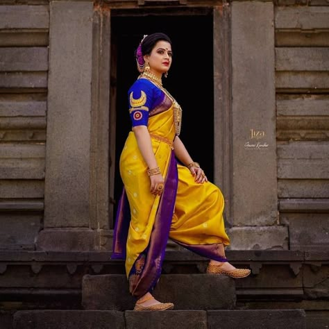 Shivjayanti Photoshoot, Yellow Nauvari Saree, Marathi Style Saree, Nauvari Saree Look, Maharashtra Look, Shiv Jayanti, Marathi Look, Maharashtrian Saree, Lace Blouse Design