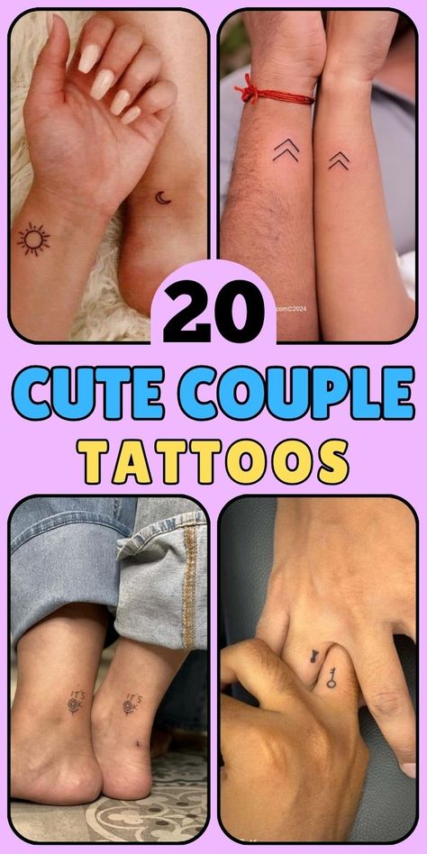 Explore 18 sweet and symbolic tattoo ideas that perfectly capture the essence of your relationship. This collection features a range of designs, from classic heart symbols to unique musical note pairings, offering something special for every couple. Whether you're newlyweds looking for matching wedding tattoos or long-time partners wanting to celebrate your journey, you'll find inspiration here. These tattoos go beyond mere aesthetics, each telling a unique story of love and commitment. Perfect for couples who want their ink to have deeper meaning. Discover how these thoughtful designs can become beautiful, permanent symbols of your shared love and experiences. Mini Tattoos For Couples Ring Finger, Small Tattoos For Couples Unique, Matching Wedding Tattoo Ideas, Tattoo Ideas For Partners, Tattoo Couples Aesthetic, Tiny Tattoos Husband And Wife, His And Her Tattoo Ideas Marriage, Parents And Daughter Tattoo, Half And Half Tattoos For Couples