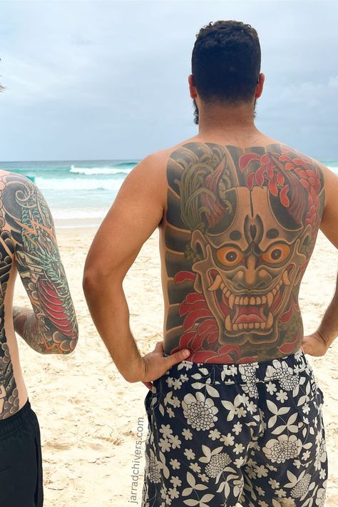 Irezumi hannya backpice completed at the beach Irezumi Back Tattoo, Hannya Mask Tattoo, Lighthouse Tattoo, Mask Tattoo, Modern Contemporary Style, Instagram Summer, Back Tattoo, Botany, Vintage Japanese