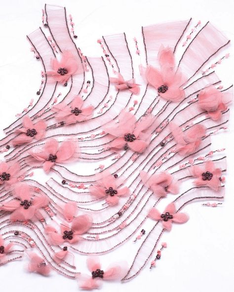 Pink Floral fabric hand beaded tulle applique with pleated | Etsy Pink Floral Fabric, Tulle Applique, Robes D'occasion, Pleated Tulle, 3d Hand, Couture Embroidery, Beaded Tulle, Silk Flower Arrangements, Hand Applique