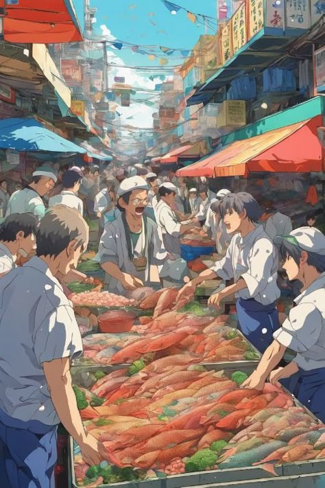 Lively Fish Market Check more at https://paintlyx.com/lively-fish-market/ Fish Market Drawing, Fall Backgrounds, Amazing Minecraft, Fall Background, Illustration Portfolio, Portfolio Ideas, Fish Drawings, Fish Market, Beach Fishing