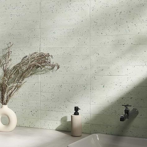 Mancala Aquamarine Green 3x16 Matte Terrazzo Tile Terrazzo Bathroom Wall, Green Terrazzo Bathroom, Terrazzo Bathroom Tiles, Arizona Patio, Terrazzo Backsplash, St Thomas More, Terrazzo Bathroom, Green Terrazzo, Minimalist Japandi