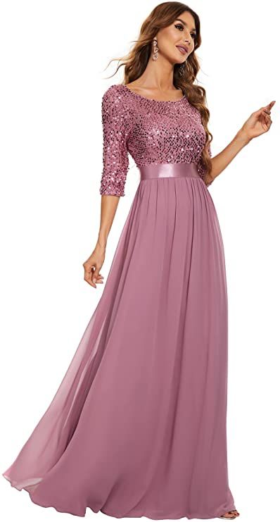 Amazon.com: Ever-Pretty Women's Round Neck Sequin Glitter Long Summer Wedding Party Dress for Women Orchid US6 : Clothing, Shoes & Jewelry Long Party Gowns, Bridesmaid Dresses With Sleeves, Dress Sleeve Length, Chiffon Dress Long, Sequin Evening Dresses, Eve Dresses, New Years Eve Dresses, Ever Pretty, New Years Dress