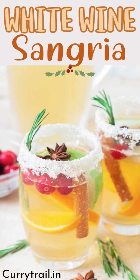 This white wine Christmas sangria is made with white wine, ginger ale, bubbly apple cider stirred together with crisp and tart Granny Smith apple, orange, cranberries. One of the best holiday sangria perfect for Christmas parties. #whitesangria #holidaysangria #whitewinesangria #sangriarecipe #Christmassangria #holidaydrinks White Wine Christmas Sangria, Holiday Sangria Recipes, Christmas Sangria Recipes, White Wine Recipes, White Sangria Recipe, Holiday Sangria, Christmas Sangria, White Wine Sangria, Wine Sangria