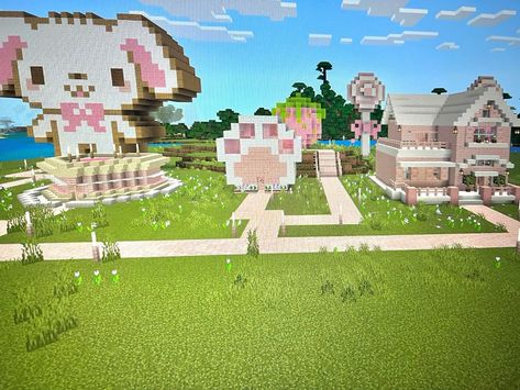 Cute Kawaii Minecraft Builds, Cutecore Minecraft Builds, My Melody Minecraft House, Minecraft Houses Kawaii, Minecraft Girly Ideas, Cute Minecraft Aesthetic, Minecraft Kawaii House, Minecraft Kawaii Builds, Cute Minecraft Houses Pink