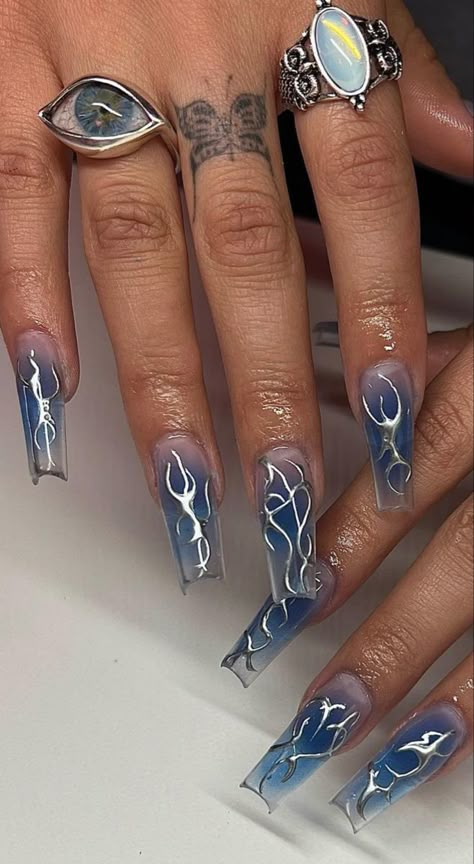 Navy And Silver Nails, Blue Prom Nails, Grad Nails, Blue And Silver Nails, Blue Chrome Nails, Blue Coffin Nails, Prom Nail, Punk Nails, Blue Acrylic Nails