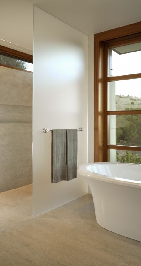 Put frosted glass around part of the tub to separate it from the bed area? (This would add privacy but keep the natural light coming into the bathroom.) Use a sliding barn-style door to close the rest when/if you want to? Toilet Partition Design, Showers Without Doors, Glass Shower Wall, Doorless Shower, Open Showers, Bathroom Remodel Cost, Doors Design, Bathroom Partitions, Bad Inspiration