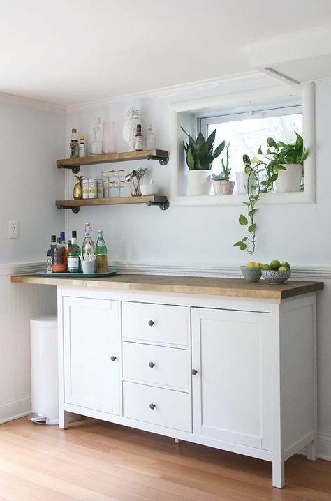 IKEA Hacks - DIY Bar Cabinet & Kitchenette - Shrimp Salad Circus Kitchenette Ikea, Diy Bar Cabinet, Ikea Bar, Head Boards, Diy Basement, Ikea Hack Ideas, Ikea Furniture Hacks, Diy Ikea Hacks, 아파트 인테리어