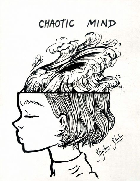 HER MIND IS A CHAOS Chaos Sketch Drawings, Thoughts Coming Out Of Head Drawing, Add As A Drawing, Chaos Head Tattoo, Busy Mind Art, Busy Mind Drawing, Full Mind Drawing, Full Of Thoughts Drawing, Open Minded Drawing