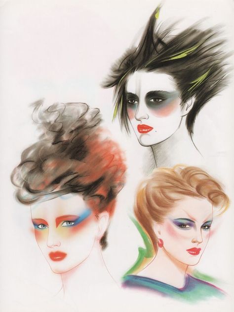 80s Editorial Makeup, Kojiro Kumagai, Eighties Fashion, 1870s Dress, 80s Poster, Blitz Kids, Makeup Illustration, 1980s Art, 80s Makeup