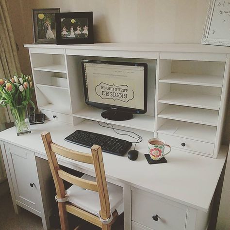 Hermes Ikea desk with add on Beourguestdesigns.com wedding stationery office space Ikea Hemnes Desk, Hemnes Desk, Ikea Wishlist, Diy Computer Desk, Ikea Desk, Ikea Hemnes, Desk Ideas, Office Crafts, Craft Room Office