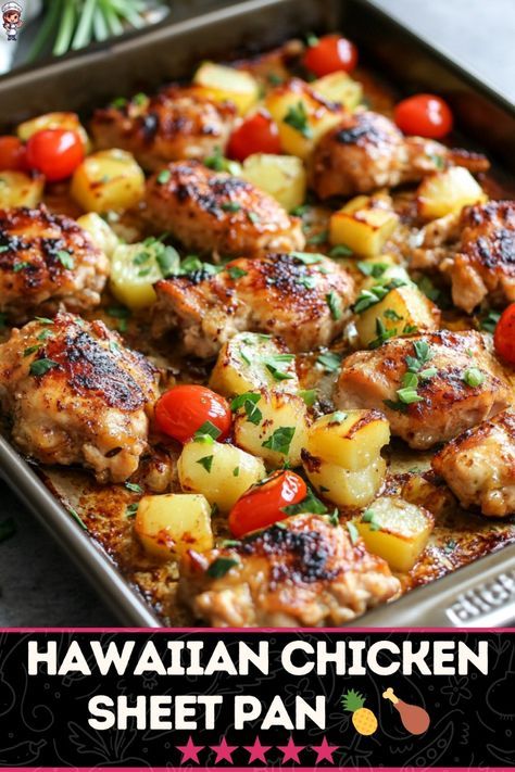 Sheet Pan Pineapple Chicken with Bell Peppers is a vibrant and delicious meal that is both easy to make and full of flavor. The combination of sweet pineapple, tender chicken, and crisp bell peppers makes for a satisfying dinner. #SheetPanDinner #PineappleChicken #EasyMeals Sheet Pan Chicken Pineapple Peppers, Chicken Sheet Pan Dinner Ideas, Pineapple Chicken Sheet Pan Dinner, Hawaiian Chicken Sheet Pan Recipes, Baked Chicken With Pineapple, Baked Chicken One Pan Meal, 1 Sheet Pan Meals Chicken, Easy Sheet Pan Dinners For Family, Pineapple Pepper Chicken