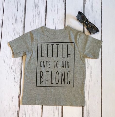 This toddler tee is handmade by me using HTV and applied with a commercial heat press. The design, Little Ones to Him Belong, is pressed on the shirt using vinyl. Sizing Info: 12-18 month 18-24 month 2T 3T 4T 5T Runs true to size - This is a toddler boy/unisex style tee so keep in mind when ordinary size. My processing time for all orders is 3-5 days (not including shipping time). *USPS does not always track the package properly. Do not be alarmed if you can't see the movement as it moves across Toddler Christian Shirts, Christian Shirts For Kids, Toddler Cricut Shirts, Toddler Shirt Ideas, Toddler Boy Shirts, Toddler Graphic Tee, Christian Shirts Designs, Jesus Tees, Cute Shirt Designs