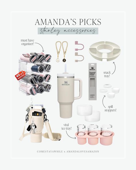 Super cute accessories for your Stanley tumbler! Snack tray lid for drink cup. Cabinet organizer that fits 40 oz tumblers! Viral ice tray cube for tumblers. Stanley cups. Spill stoppers for Stanley tumbler. Initial charms for tumbler. Follow Comestayawhile for realistic DIY from a self taught mom working hard to upgrade her neutral modern farmhouse home on a budget. Follow Amandalovesamazon for all the best deals on neutral home decor, trending fashion finds, and budget friendly beauty items. Decorating Stanley Cup, Stanley Decor, Stanley Cup Accessories, Cup Cabinet, Stanley Accessories, Mom Working, Stanley Cups, Cup Accessories, Stanley Tumbler