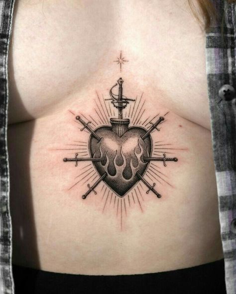 Sacred Heart Tattoo, Sacred Heart Tattoos, Sacred Hearts, Heart Tattoos, Heart Tattoo Designs, Stomach Tattoos, Sternum Tattoo, Tattoo Project, Black Ink Tattoos