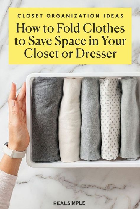 To maximize real estate in your closet or dresser, learn how to fold clothes to save space. Here, a pro organizer walks us through the clothes-folding techniques that max out storage space. Fold Sweatshirts To Save Space, Folding Cardigans To Save Space, Fold Tshirts Save Space, Folding Sheets To Save Space, Folding Sweaters To Save Space, Folding Cardigans, How To Fold Shirts To Save Space, Folding Shirts To Save Space, Folding Sweaters