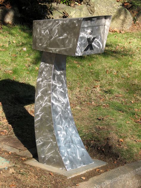 Tough and eye-catching, these 10 stainless steel post boxes will set your home apart from the others. #Eye-Candy, #Roundup Modern Mailboxes, Stainless Steel Mailbox, Cool Mailboxes, Sheet Metal Art, Steel Mailbox, Vintage Mailbox, Unique Mailboxes, Mailbox Ideas, Letter Boxes